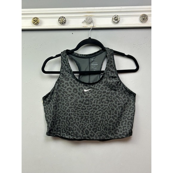 Nike Dri-FIT Sports Bra Womens Large Gray Leopard Swoosh Racerback DM7379-070 - Picture 1 of 8